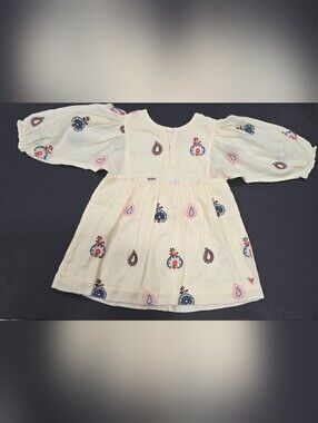 Pink Chicken Ava Bella Cream Embroidered Puff-Sleeve Dress w Multicolor Motifs